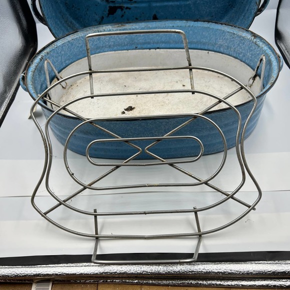 Antique Turquoise Cornflower Blue Large Roaster Rack Enamelware On Steel 4 Piece - Picture 7 of 15